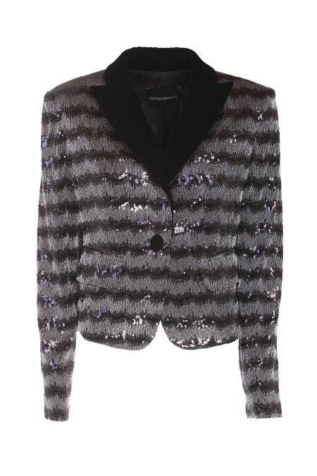 Shop EMPORIO ARMANI  Giacca: Emporio Armani giacca motivo chevron con paillettes all over e revers in velluto.
Tessuto con paillettes.
Motivo chevron bicolore.
Monopetto.
Revers in velluto.
Sottopatta in raso.
Bottoni rivestiti in velluto.
Tasche laterali.
Fodera in raso.
Composizone: 100% Poliammide.
Fabbricato in Cina.. H4NG1N E9924-099